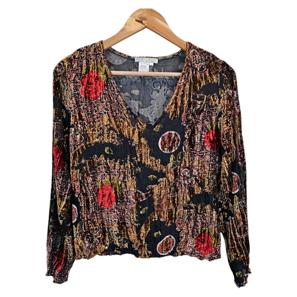 Alberto Makali Women Silk Blend Boho Chic Velvet Mesh VNeck Top Large Whimsigoth - Picture 1 of 13